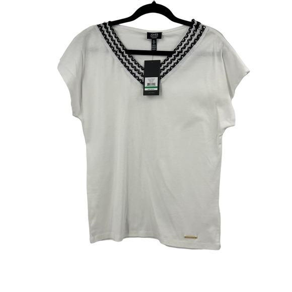 Jones New York Signature White Short Sleeve Woven Vneckline Women's Large NWT - Picture 1 of 10